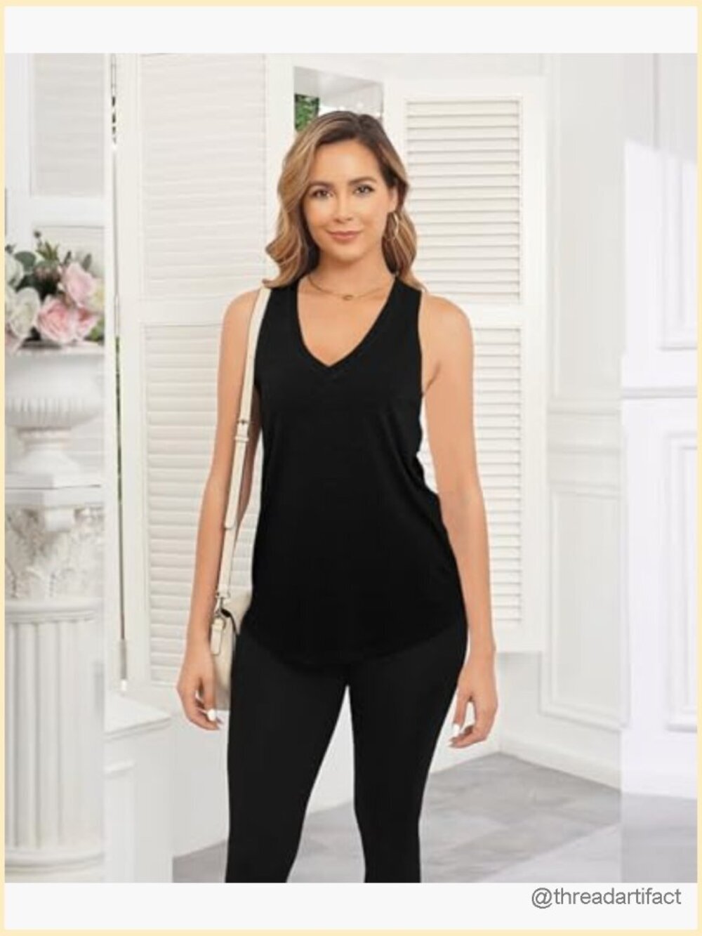 Women Summer Deep V Neck Tank Top Loose Fit Flowy Sleeveless Shirt - Picture 2 of 7